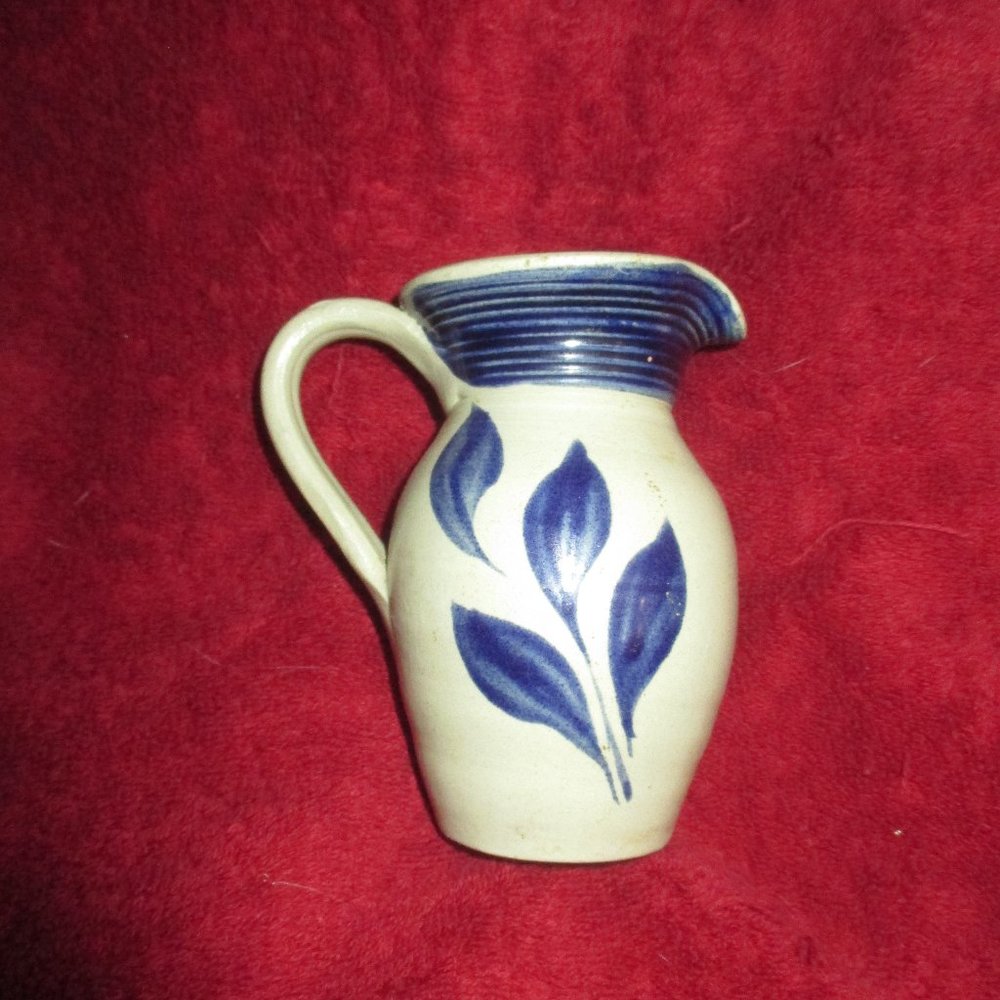 Vintage Williamsburg VA Pottery Salt Glazed Cobalt Blue Leaf Pitcher